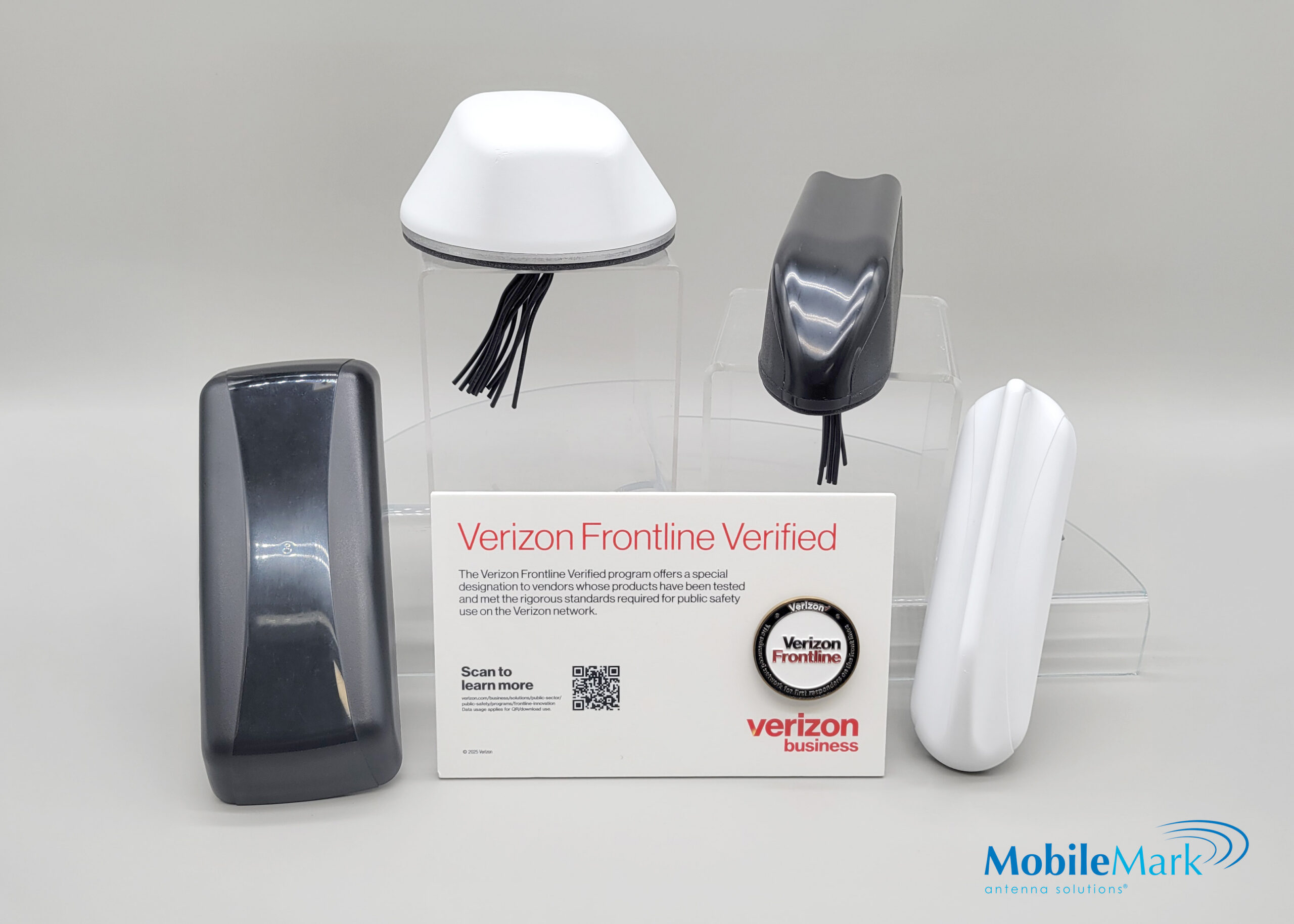 Picture of Mobile Mark antennas that are Verizon Frontline Verified (left-to-right: LLPG08, LTMWG900, MXG900, and MXFG08