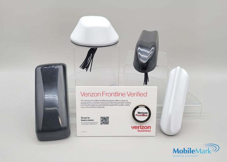 Picture of Mobile Mark antennas that are Verizon Frontline Verified (left-to-right: LLPG08, LTMWG900, MXG900, and MXFG08